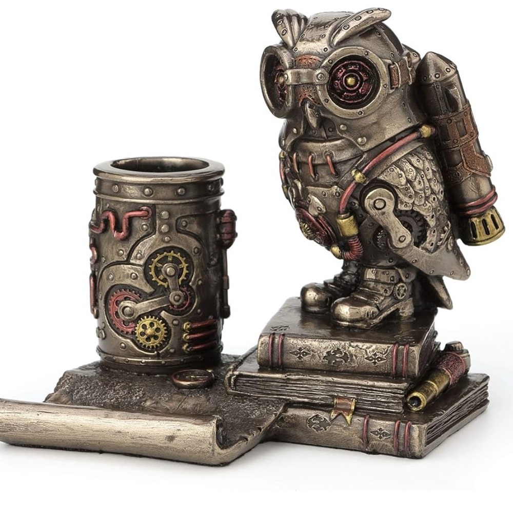 Steampunk Owl Cell Phone Pen Desk Statue Figurine Bronze Aviator Space Halloween